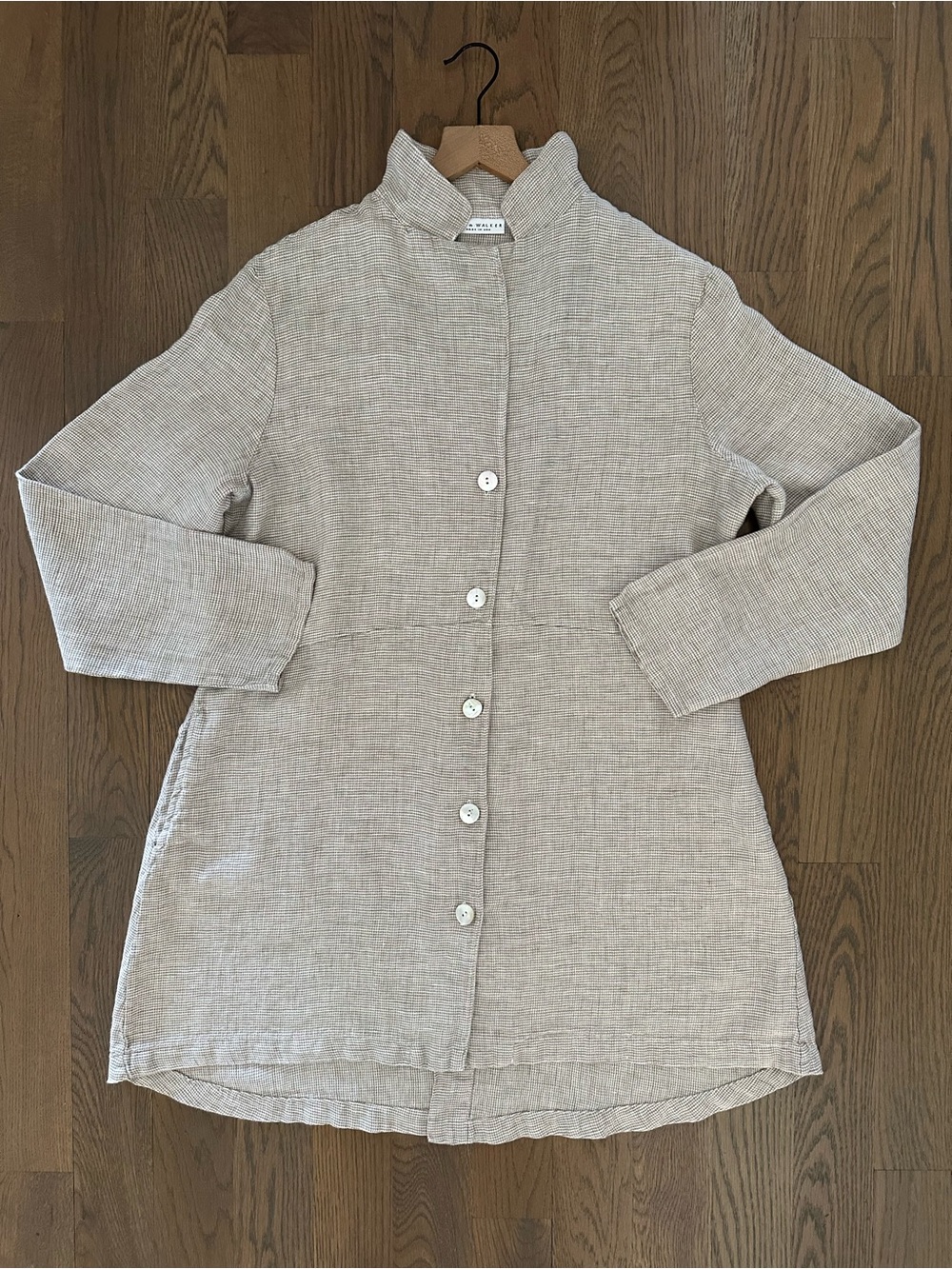 Vintage Bryn Walker Houndstooth Woven Linen Tunic Length Jacket Tan & White XL